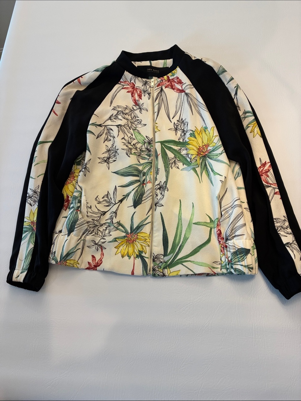 Zara Floral Bomber Jacket in Cream and Black with Yellow Accents